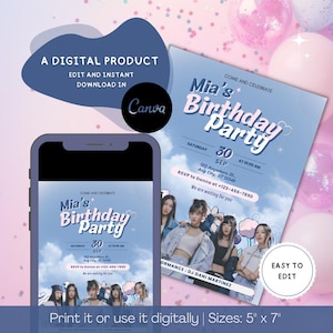 Invitación de cumpleaños editable para chicas, fiesta de cumpleaños de chicas K-Pop, personalizable, plantilla de tarjeta digital, jeans nuevos, descarga instantánea para imprimir