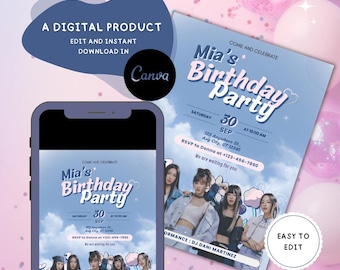 May include: A digital birthday party invitation template featuring a light blue sky background with clouds, text reading Mia's Birthday Party, and a group of five people. The design includes event details, date, time, and location, measuring 12.7 cm by 17.8 cm.