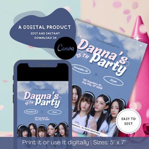 Bearbeitbar, Geburtstagseinladung, K-Pop Mädchen-Geburtstagsfeier, anpassbar, Canva Vorlage, neue Jeans Geburtstag, sofortiger Download, druckbar