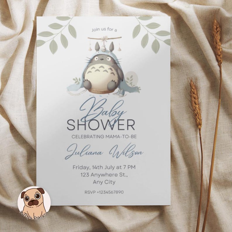 May include: A rectangular white baby shower invitation card featuring a gray cartoon creature illustration, green leaf accents, and text that reads: join us for a Baby SHOWER CELEBRATING MAMA-TO-BE Juliana Wilson Friday, 14th July at 7 PM 123 Anywhere St., Any City RSVP +1234567890.