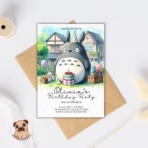 May include: A birthday party invitation card featuring a large grey cartoon creature wearing a colourful party hat, standing in front of houses with a cake, gifts, and balloons. The text reads: YOU'RE INVITED TO Olivia's Birthday Party SHE IS TURNING 3! 8 June, 2025 at 3:00pm 123 Anywhere St., Any City, ST 12345 RSVP to Olivia at +123-456-7890.