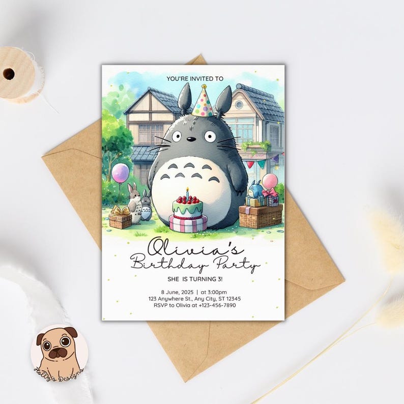 May include: A birthday party invitation card featuring a large grey cartoon creature wearing a colourful party hat, standing in front of houses with a cake, gifts, and balloons. The text reads: YOU'RE INVITED TO Olivia's Birthday Party SHE IS TURNING 3! 8 June, 2025 at 3:00pm 123 Anywhere St., Any City, ST 12345 RSVP to Olivia at +123-456-7890.
