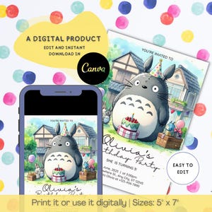 May include: A digital birthday party invitation template featuring a large grey Totoro character wearing a party hat, a birthday cake, and a house in the background. The text includes 'You're invited to', 'Olivia's Birthday Party', 'She is turning 3', and date details. The design is shown on a smartphone screen and a 12.7 cm by 17.8 cm card.