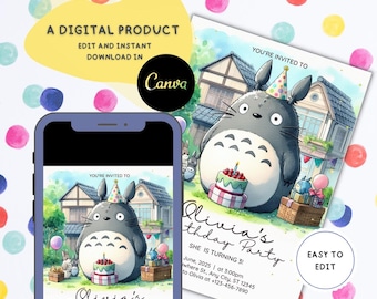 Fairy Forest Spirit Birthday Invite Party, Printable Invitation Template, Instant Download, Kids Anime Party Ghibli