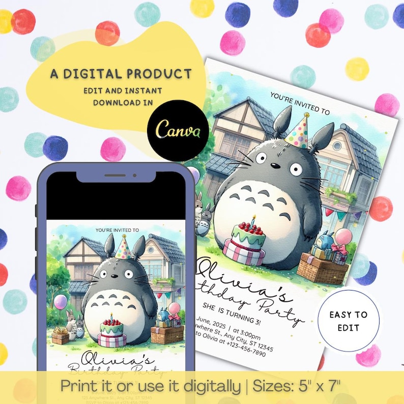 May include: A digital birthday party invitation template featuring a large grey Totoro character wearing a party hat, a birthday cake, and a house in the background. The text includes 'You're invited to', 'Olivia's Birthday Party', 'She is turning 3', and date details. The design is shown on a smartphone screen and a 12.7 cm by 17.8 cm card.
