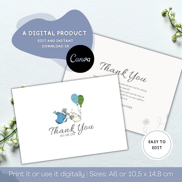 Thank you Card, Editable, Totoro Theme, Baby Shower Thanks Card, Baby Shower Celebration, Printable and Customizable, Instant Download