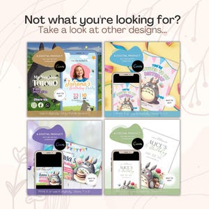 May include: A digital product advertisement featuring four distinct birthday invitation templates with My Neighbor Totoro themes. Each template is displayed on a smartphone screen and as a printed card, showcasing customisable text, party details, and character graphics.