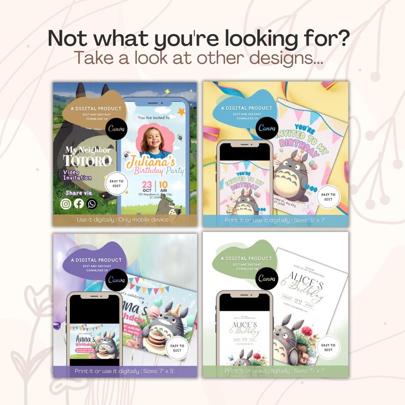 May include: A digital product advertisement featuring four distinct birthday invitation templates with My Neighbor Totoro themes. Each template is displayed on a smartphone screen and as a printed card, showcasing customisable text, party details, and character graphics.