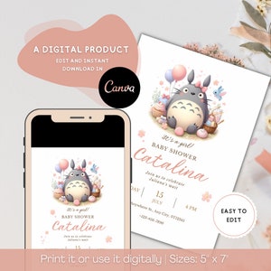 Editable, Pink Totoro Baby Shower Invitation Template, Its a Girl Baby Shower Invite, Instant Download, Invitation Card, Digital Invitation