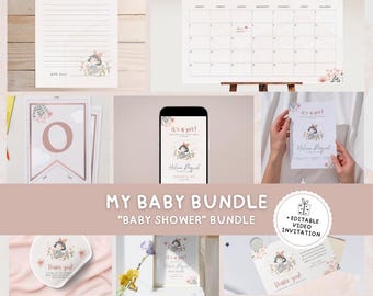 Editable Baby Girl Shower, Printable Pink Bundle Decoration, Kiki's Delivery, Tags, Invite Evite, Thanks Card, Welcome Sign, Japanese Anime