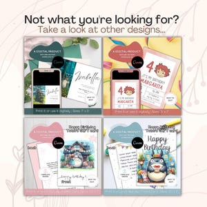 May include: A digital product collage featuring four invitation and greeting card templates. The designs include custom text, character illustrations, and mobile phone mockups. Each template displays editable fields, birthday themes, and size specifications like 7 by 5 inches.