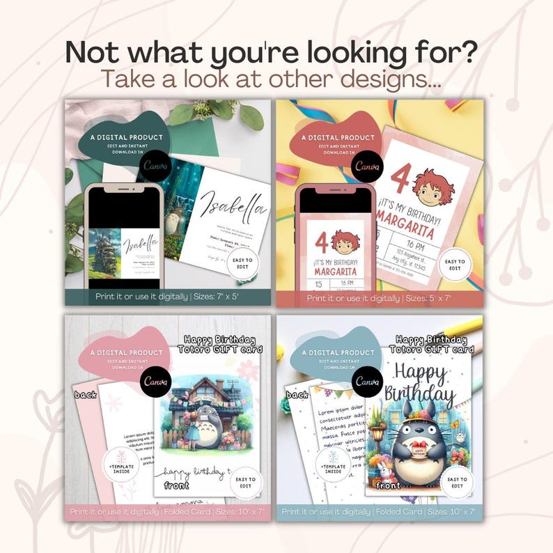 May include: A digital product collage featuring four invitation and greeting card templates. The designs include custom text, character illustrations, and mobile phone mockups. Each template displays editable fields, birthday themes, and size specifications like 7 by 5 inches.