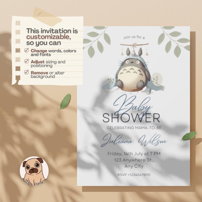 Greenery Editable Gender Neutral Forest Spirit Baby Shower Invitation, Digital Invite, Japanese Anime Printable Template, Instant Download image 2