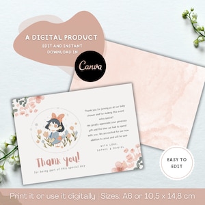 Editable Kiki's Delivery Baby Girl Shower, Studio Ghibli Thank you Card, Baby Shower Party Celebration, Printable Template, Instant Download