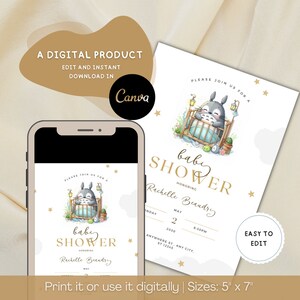 May include: A digital baby shower invitation template measuring 5 inches by 7 inches, featuring a gray cartoon creature in a wooden crib, gold stars, and the text "PLEASE JOIN US FOR A baby SHOWER HONORING Rachelle Beaudry MAY 2 2030 8:30PM."