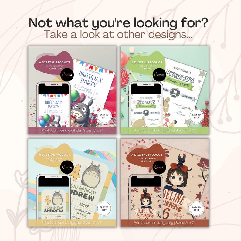 May include: A digital product advertisement featuring four distinct birthday party invitation templates displayed on smartphones and cards. The text reads Not what you're looking for? Take a look at other designs, A DIGITAL PRODUCT, EASY TO EDIT, and Print it or use it digitally : Sizes: 12.7 cm x 17.8 cm.