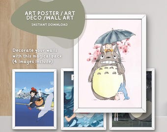 Printable Four Pieces, Kiki's Poster, Forest Spirit Gift, Vintage Anime Decor, Ponyo Poster Wall Decor, Art Wall, Digital Instant Download