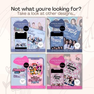 May include: Four digital birthday invitation templates displayed on smartphones and flat layouts. Text includes 'Not what you're looking for? Take a look at other designs...', 'A DIGITAL PRODUCT', 'EASY TO EDIT', 'Print it or use it digitally', and 'Sizes: 7" x 5"'.