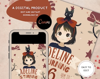 Editable Kiki's Delivery Theme, Printable Forest Spirit Invitation Template, Kids Birthday Party, Instant Download, Girls Party Digital Card