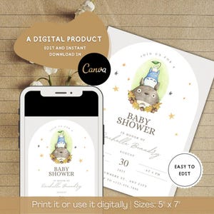 May include: A digital baby shower invitation template featuring a watercolor illustration of a large grey creature with a smaller blue creature on its head, surrounded by autumn leaves and stars. The text reads Join us for a baby shower in honor of Rachelle Beaudry, August 30, 2025, at 4 PM. The design is displayed on a smartphone screen and a 5 by 7 inch card.
