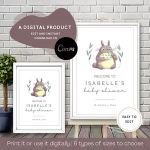 Digital Welcome Totoro sign, Baby Shower, Birthday, Personalized Digital File, Welcome Sign Template, Instant Download, Edit with CANVA