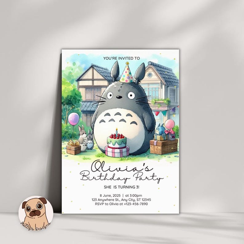May include: A birthday party invitation card featuring a large grey creature wearing a party hat, a birthday cake, and smaller creatures in front of houses. Text reads: YOU'RE INVITED TO, Olivia's Birthday Party, SHE IS TURNING 3!, 8 June, 2025.