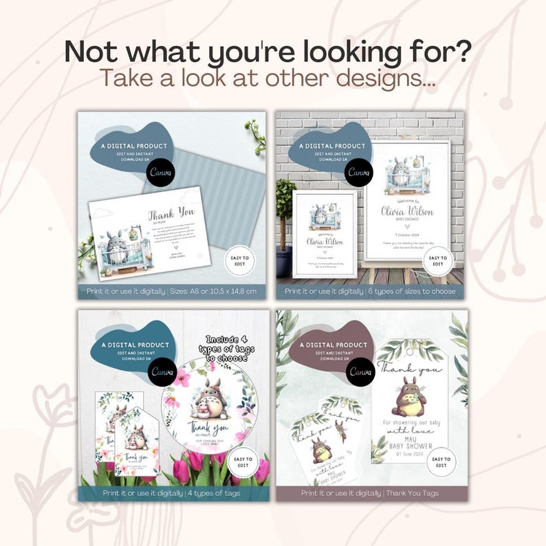 May include: A digital product display featuring four panels of baby shower stationery templates. Each panel showcases editable designs with cartoon character illustrations, floral accents, and text including Thank You and baby shower details.
