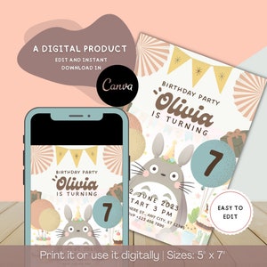 Editable Pink Forest Spirit Girls Birthday Invitation, Printable Kids Party, Japanese Anime Invite Template, Instant Download, Digital Card