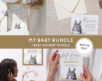 Editable, My baby shower bundle,Forest Spirit, Bundle Neutral Gender Party, Japanese Anime, Invite card, welcome sign, message from the bump