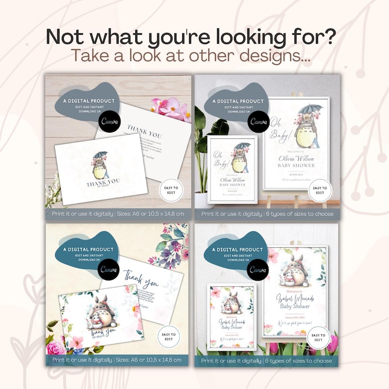 May include: A digital product display featuring four templates for baby shower invitations and thank you cards. Each template includes illustrations of a cartoon creature with an umbrella and floral accents, with text reading Oh Baby and Thank You.