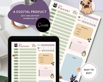 Editable, Daily  Forest Spirit Planner Template, Digital PDF, Japanese Anime, Printable  Daily Organizer, Instant Download, Made in Canva