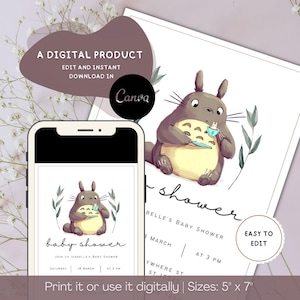 May include: A digital baby shower invitation template featuring a gray Totoro-style character holding a small blue teacup. The design includes the text baby shower, Isabelle's baby shower, 18 March, and at 3 PM. The template is displayed on a smartphone screen and a 5 inch by 7 inch card.
