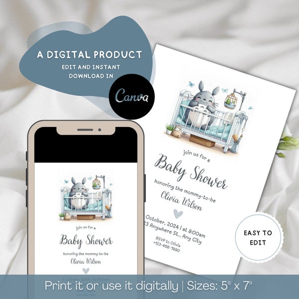 Editable Totoro Baby Shower Invitation, Blue Baby Shower Invite Template, Boho Baby Shower Instant Download, Printable Invitation Card