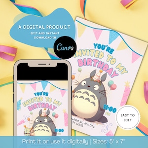 Invito di compleanno modificabile Forest Spirit Girl, modello di invito rosa stampabile, festa di compleanno per bambini, download, biglietto digitale anime giapponese