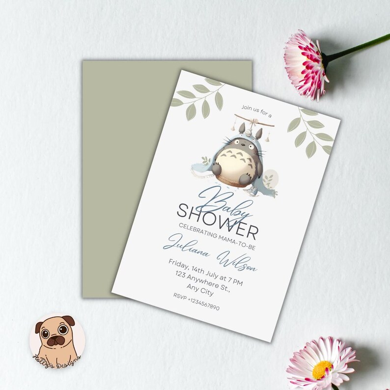 Greenery Editable Gender Neutral Forest Spirit Baby Shower Invitation, Digital Invite, Japanese Anime Printable Template, Instant Download image 3