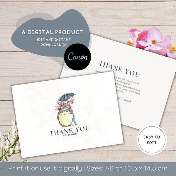 Editable, Magical Thank you Card, Totoro Theme, Baby Shower Thanks Card, My Ghibli Celebration, Printable and Customizable, Instant Download