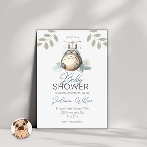 May include: A white baby shower invitation card featuring a cartoon creature under a blue blanket, green leaf illustrations, and the text: join us for a Baby SHOWER CELEBRATING MAMA-TO-BE Juliana Wilson Friday, 14th July at 7 PM 123 Anywhere St., Any City RSVP +1234567890.