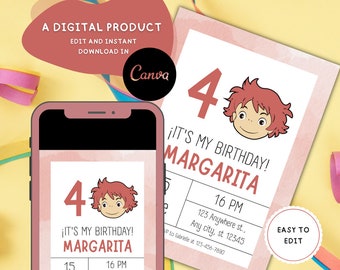 Editable Ponyo Birthday Invitation, Printable Forest Spirit Invite Template, Japanese Anime, Colorful Kids Girl Boy Party, Instant Download