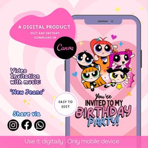 Pink Video Invitation with music, Birthday Celebration, Girl Party, Birthday Invite, Kids Party, New Jeans theme, Canva Template, Editable