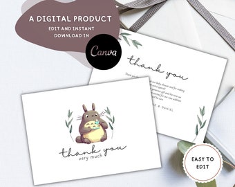Editable Thank you Card, Forest Spirit, Baby Shower Thanks Card, Baby Shower Party, Printable Template, Instant Download, Japanese Anime
