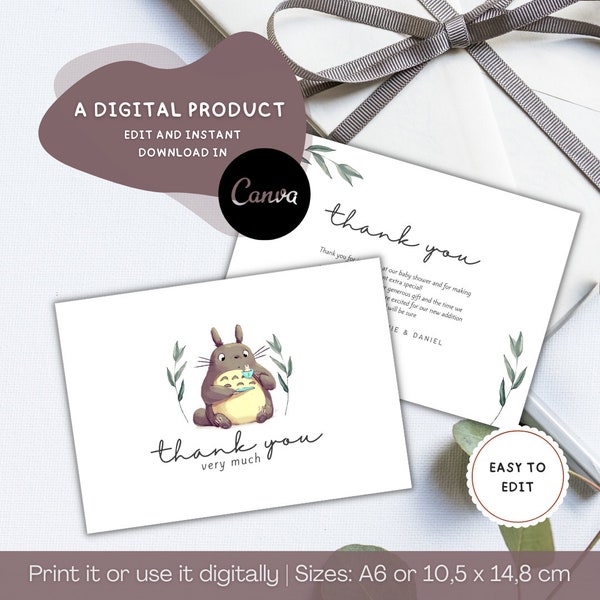 Thank you Card, Editable, Totoro Theme, Baby Shower Thanks Card, Baby Shower Celebration, Printable and Customizable, Instant Download