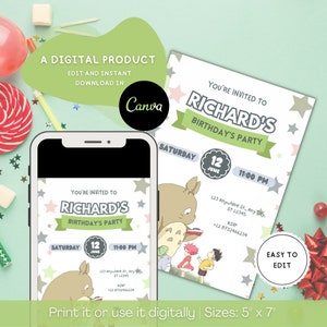 Editable Forest Spirit Kids Birthday Invitation, Printable Card Template, Kids Birthday Party, Instant Download, Japanese Anime Party, Canva