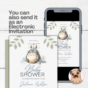 May include: A digital baby shower invitation template featuring a gray cartoon creature wearing a blue hood, with green leaf accents and the text "Join us for a Baby Shower Celebrating Mama-to-be Juliana Wilson" displayed on a smartphone screen.