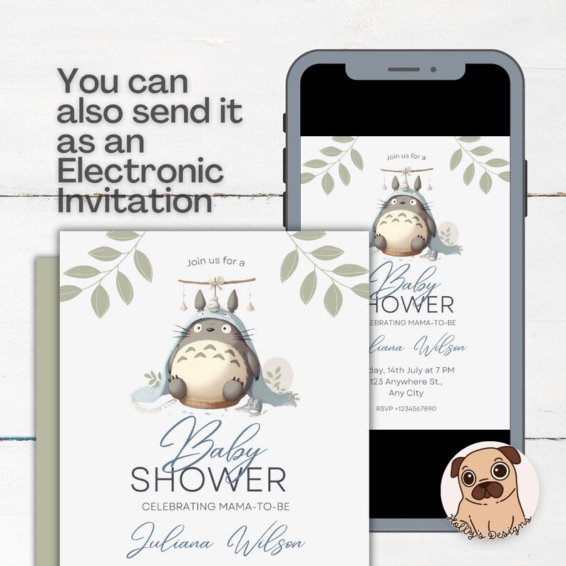 May include: A digital baby shower invitation template featuring a gray cartoon creature wearing a blue hood, with green leaf accents and the text "Join us for a Baby Shower Celebrating Mama-to-be Juliana Wilson" displayed on a smartphone screen.