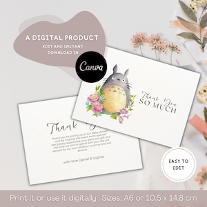 Editable Boho Pink Forest Spirit Thank you Card, Baby Shower Thanks Card, Japanese Anime Party, Printable and Customizable, Instant Download
