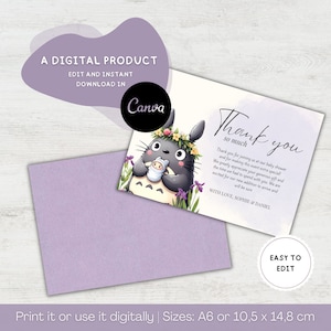 Thank you Card, Editable, Forest Spirit Theme, Baby Shower Thanks Card, Baby Celebration, Printable and Customizable, Instant Download
