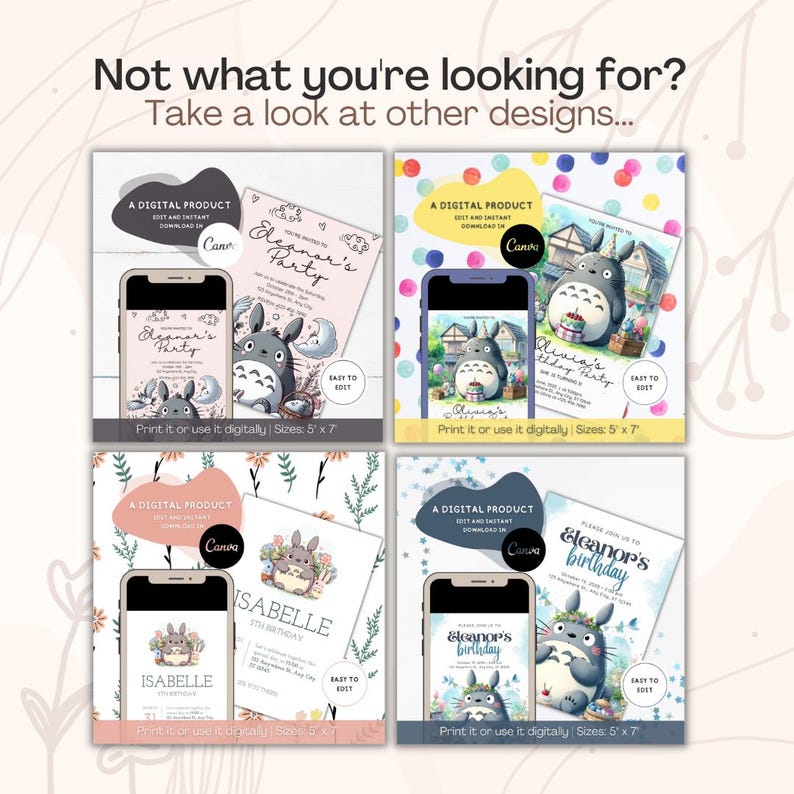 May include: Four digital invitation templates featuring cartoon characters, displayed on smartphone screens and as flat cards. Each design includes text fields for party details, a Canva logo, and the label A DIGITAL PRODUCT. Sizes are 5" x 7".