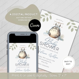 May include: A digital baby shower invitation template featuring a cartoon creature illustration, green leaf accents, and text including Join us for a Baby Shower, Celebrating Mama-to-be, Juliana Wilson, Friday, 14th July at 7 PM, 123 Anywhere St., Any City, RSVP +1234567890.
