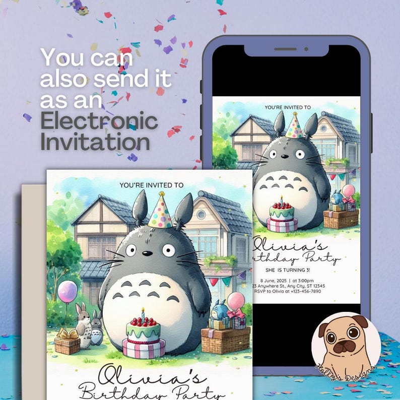May include: A digital birthday invitation card featuring a large grey Totoro character wearing a party hat, a birthday cake, and gifts in front of a house. The text reads You can also send it as an Electronic Invitation and Olivia's Birthday Party.