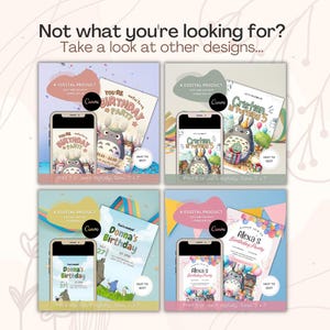May include: Four digital birthday invitation templates displayed on smartphones and printed cards, featuring cartoon characters and party themes. Text includes "Not what you're looking for? Take a look at other designs...", "A DIGITAL PRODUCT", and "EASY TO EDIT". Sizes are 5" x 7".